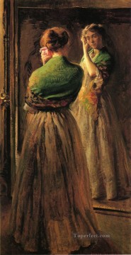 Joseph DeCamp Painting - Girl with a Green Shawl Tonalism painter Joseph DeCamp